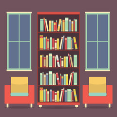 Flat Design Reading Seats and Bookcase Vector Illustration.