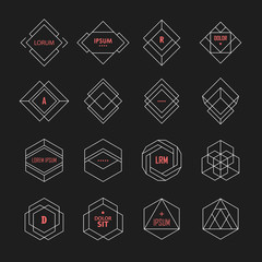 Set of geometric signs, logotypes and frames. Minimal hipster style. Line design elements.