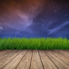 night sky with shiny stars with green grass and wooden floor