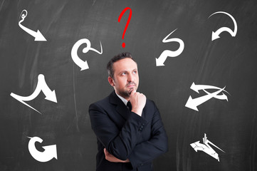 Confused or thinking businessman looking for the best solution