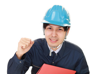 ガッツポーズの労働者