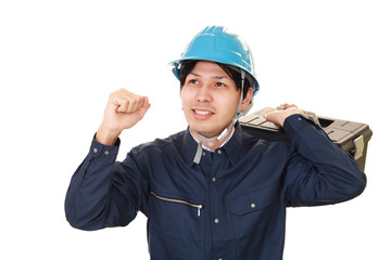 ガッツポーズの労働者