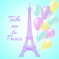 Naklejka na ściany i meble Postcard with text Take me to Paris. Eiffel Tower with balloons