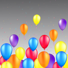 Birthday card with colorful balloons and confetti on gray backgr