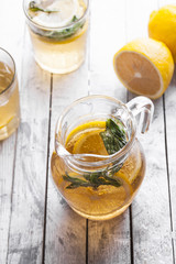 Fresh lemonade in a glass jug