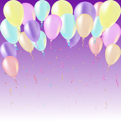 Birthday card with colorful balloons and confetti on purple back