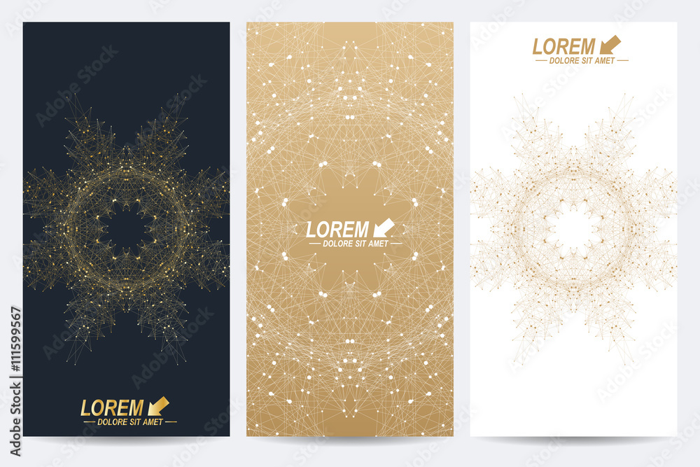 Poster modern set of vector flyers. molecule and communication background. geometric abstract round golden 