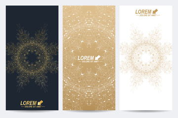 Modern set of vector flyers. Molecule and communication background. Geometric abstract round golden forms. Connected line with dots. Graphic composition for medicine, science, technology, chemistry