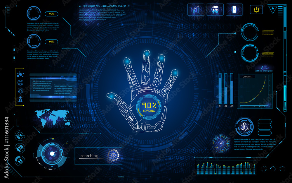 Poster futuristic hand scan identify with hud element interface screen monitor design background template