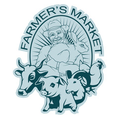 Farmer's Market logo. Farmer with a rabbit in his hand. Pig and cow goat and chicken around