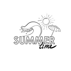 Summer doodle postcard. Hand-drawn wave, umprella and sun.