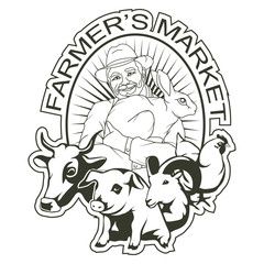 Farmer's Market. Farmer with a rabbit in his hand. Pig and cow goat and chicken around