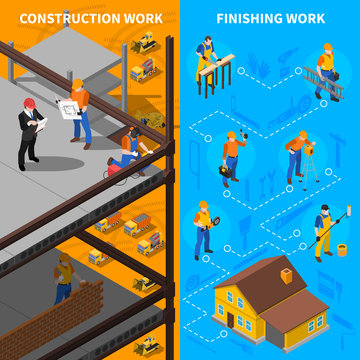 Construction Workers Isometric  Banners Set 
