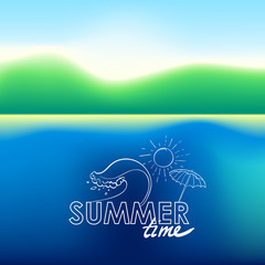 Summer doodle postcard. Hand-drawn wave, umbrella and sun.