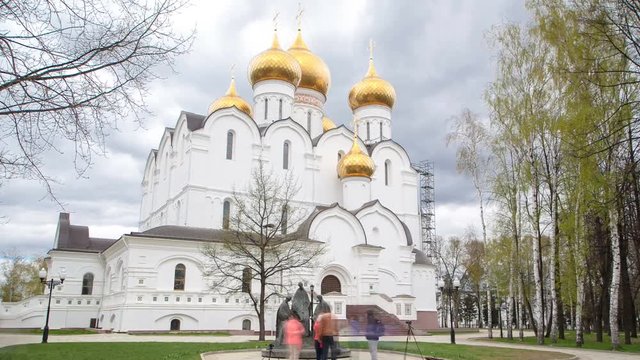 Assumption Church timelapse hyperlapse or Dormition cathedral in summer, Yaroslavl city on the Volga river, Russia.