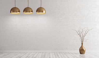 Room with metal brass lamps over white brick wall 3d rendering