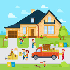 Obraz na płótnie Canvas People moving into a new home stock vector, flat design illustration. Infographic elements