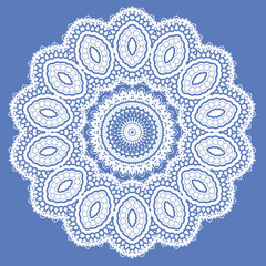 White Mandala Isolated on Blue Background. Round Ornament