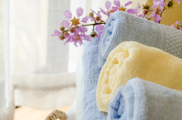 Selective focus of rolled bath towels at home