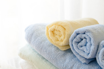 Selective focus of rolled bath towels at home