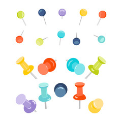 Set of colored push pins on white background. Collection of push pins for maps. Thumbtacks. Pins stationery products. Needles and tacks. Vector illustration.