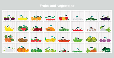 Shelves with fruits and vegetables a gray background.