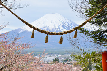 Mt. Fuji with rope in Chureito Pagoda, Fujiyoshida, Japan