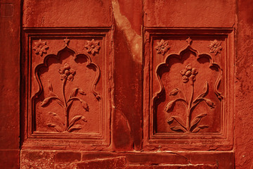 Museum entrance with carved walls in Red Fort, Old Delhi, India