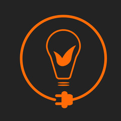 Bulb with leaves in a circle with plug as symbol of eco-friendly energy source. Orange sign on black background