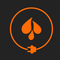 Water drops in a circle with plug as symbol of eco-friendly energy source. Orange sign on black background