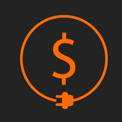 Money saving for electricity. Dollar sign in the circle with plug. Orange sign on black background