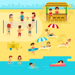 People are resting on the beach, summer vacation by the sea vector flat illustration. Beach infographic elements