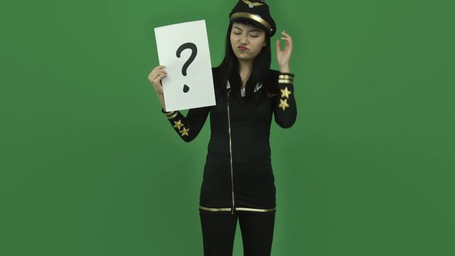Asian air hostess  isolated greenscreen green background confused puzzeled