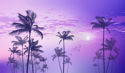 Obraz na płótnie Canvas Exotic tropical palm trees at sunset or moonlight, with cloudy sky. Highly detailed and editable 