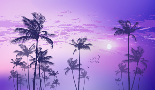 Exotic tropical palm trees  at sunset or moonlight, with cloudy sky. Highly detailed  and editable
