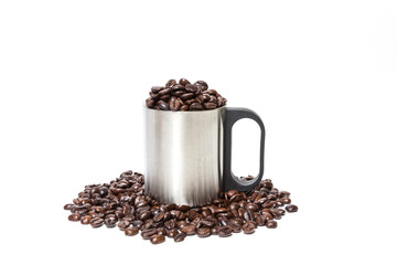 Coffee beans in stainless coffee cup isolated on white