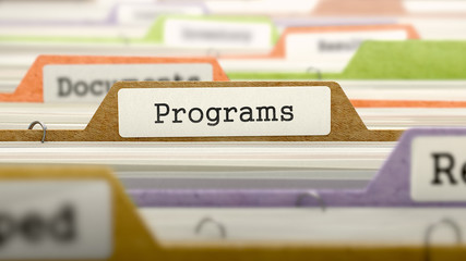 Programs Concept on File Label in Multicolor Card Index. Closeup View. Selective Focus. 3D Render. 