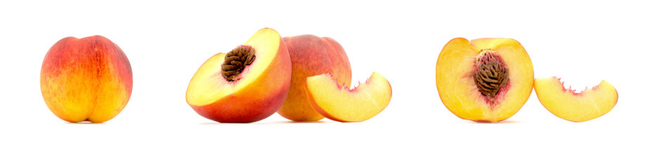 composition of peaches, whole or sliced peaches isolated on white background