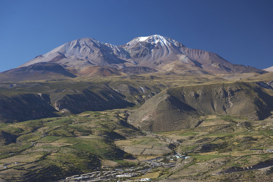 Small town of Putre in the Arica and Parinacota region of northern Chile. The small town sits in a fertile valley below the dormant Taapaca volcano (5860 m).