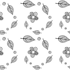 seamless pattern leaves, peas and flowers hand drawn black on white background