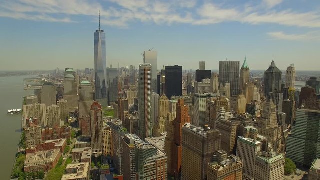 Flying around Lower Manhattan with new world trade centre building in the middle.New York city aerial filming