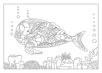 Whale and corals adult coloring page vector
