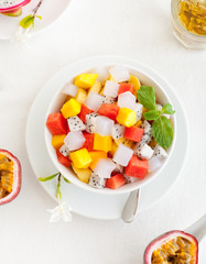 Bowl of fresh exotic fruit salad Healthy breakfast