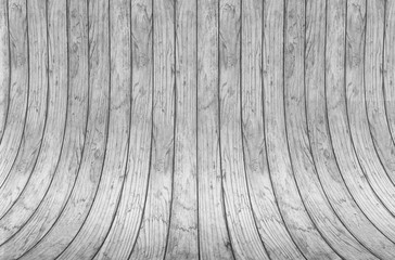 Wood wall curve texture background. Abstract curved construction made of gray wooden planks and bolts. Curved background. Wooden wall and floor.