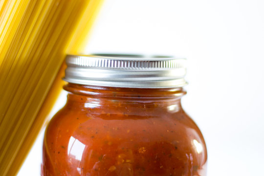 Spaghetti Sauce In A Jar On A White Background 