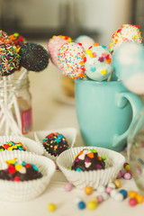 Image with warm filter of candies and pop cake at confectionery