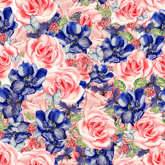 Beautiful colorful watercolor pattern with flowers anemones, roses and raspberries. 