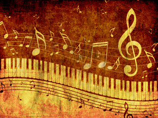 Piano Keyboard with Music Notes Grunge