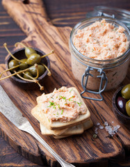Smoked salmon and cheese spread, pate, crackers 
