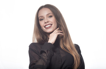 Beautiful woman face. Perfect toothy smile. Caucasian young girl close up portrait. red lips, skin, teeth. On white background. Studio shot . happy positive girl. 